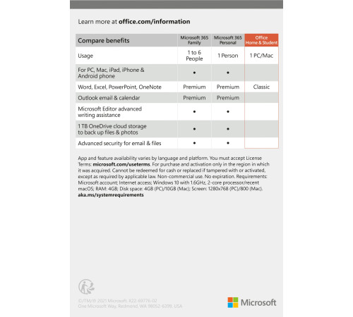 Microsoft Office Для дому та навчання 2021 для 1 ПК (Win або Mac), FPP - коробкова версія, англійська мова (79G-05393)