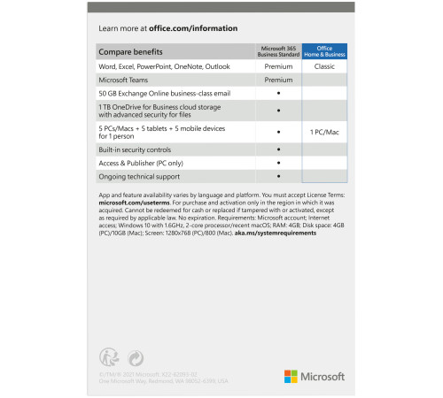 Microsoft Office Для дому та бізнесу 2021 для 1 ПК (Win або Mac), FPP - коробкова версія, англійська мова (T5D-03516)