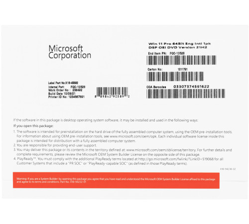 Операційна система Microsoft Windows 11 Pro 64Bit Eng Intl 1pk DSP OEI DVD (FQC-10528)